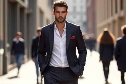 現代的な服を着た男性モデルが都市の背景を歩く